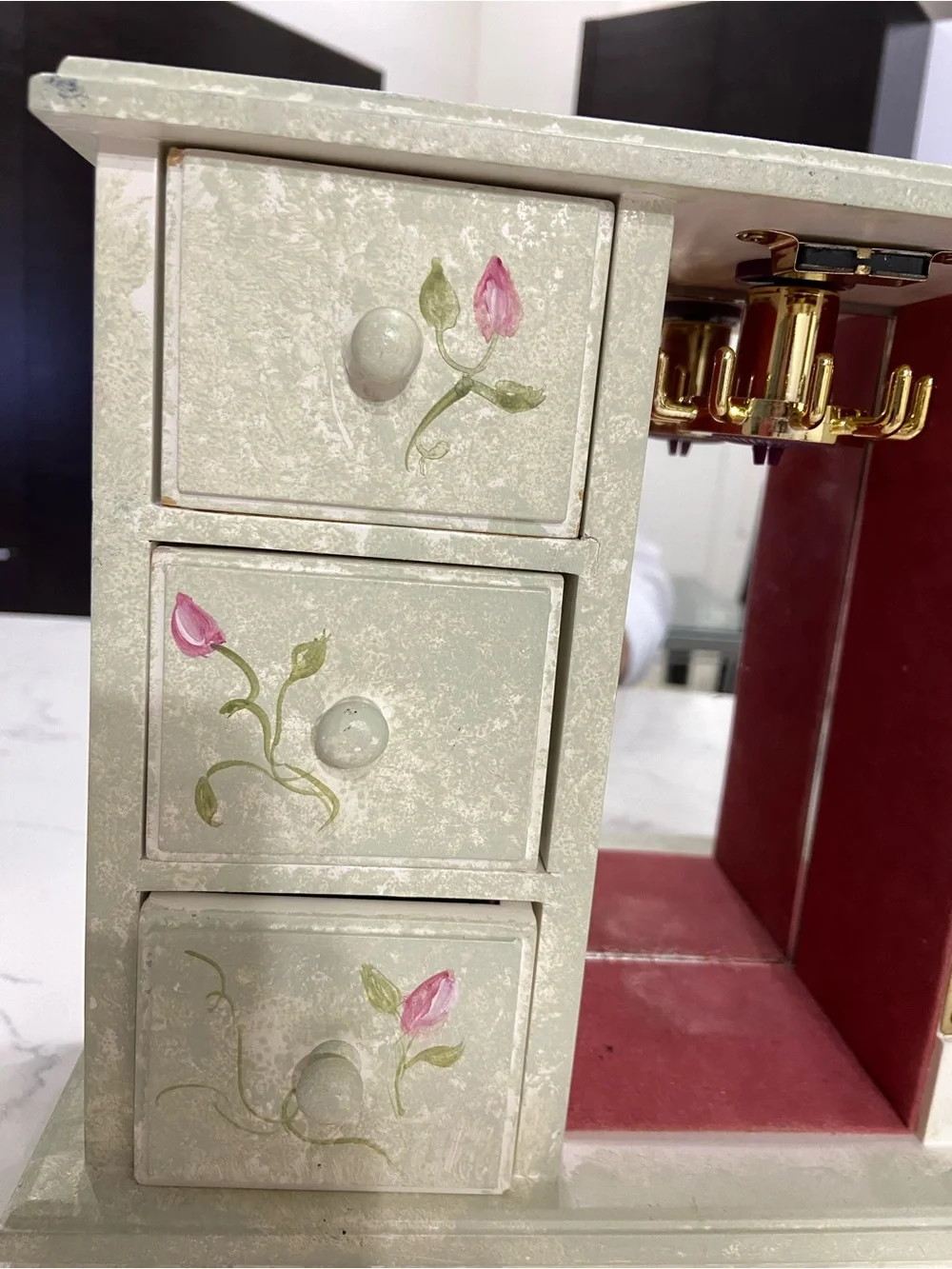 Vintage Sankyo Wood Musical Jewelry Box Armoire – Hand-Painted Pink Roses